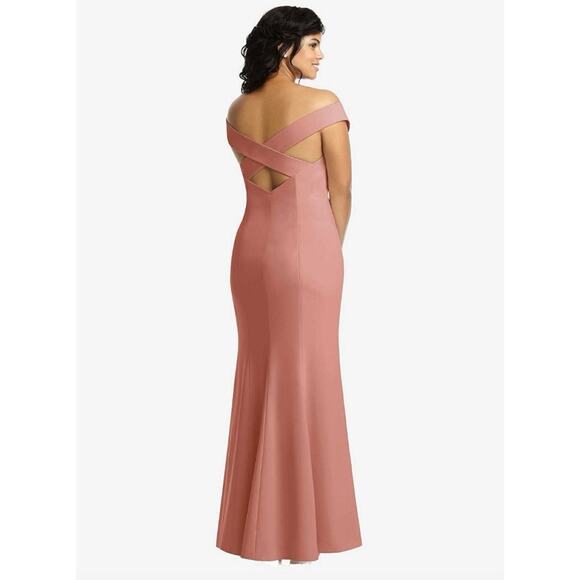 Dessy Off-the-Shoulder Criss Cross Back Trumpet Gown Desert Rose Women's 10 $257 - Picture 2 of 8